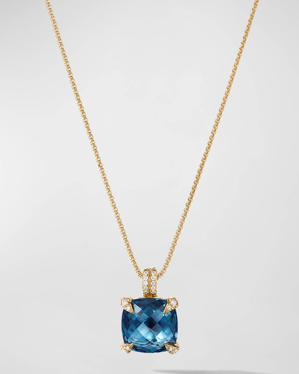 Chatelaine Pendant Necklace with Gemstone and Diamonds in 18K Gold, 11mm, 16-18"L